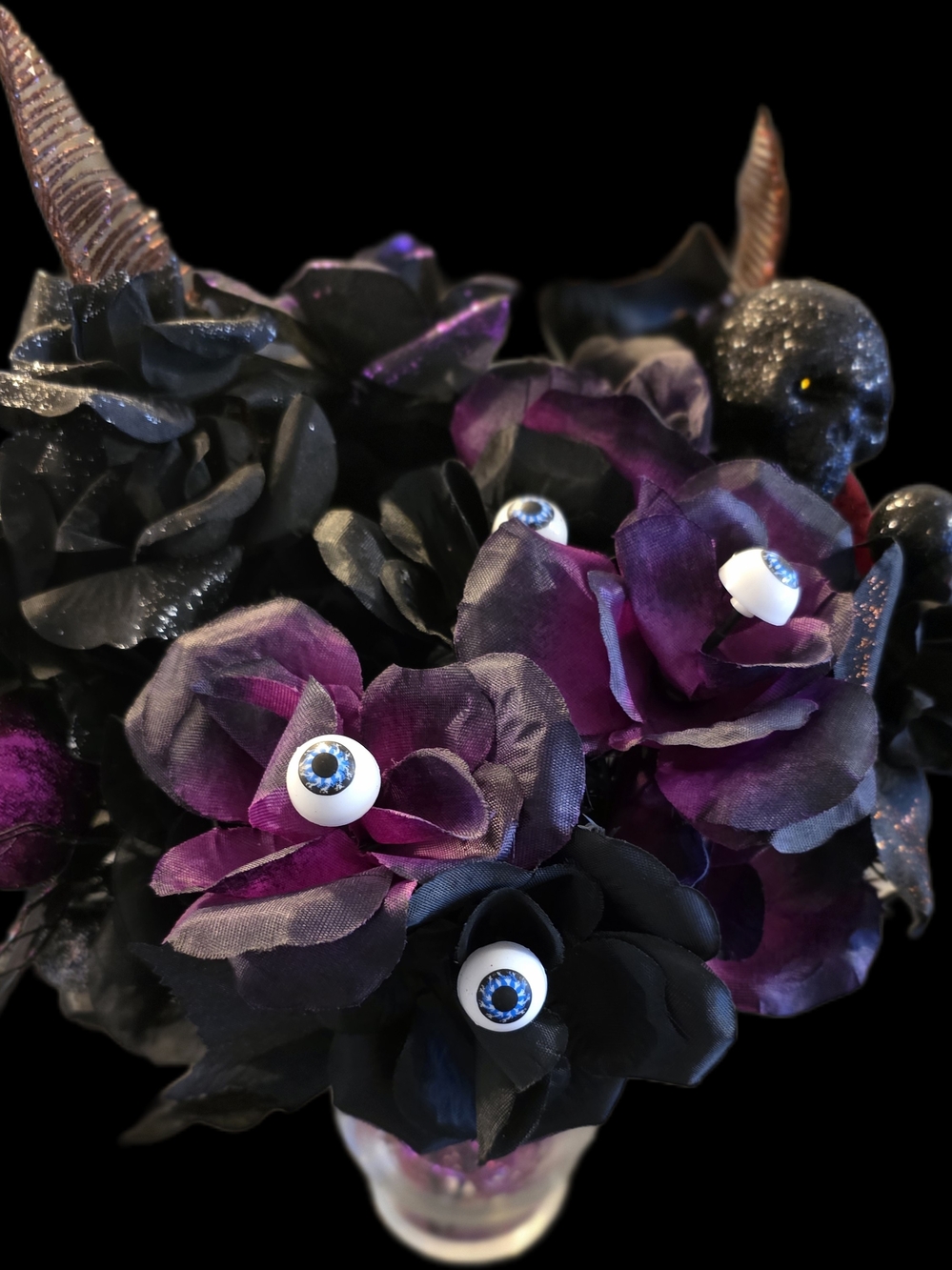 hand made, Black & purple glittery roses with eyeballs and horns